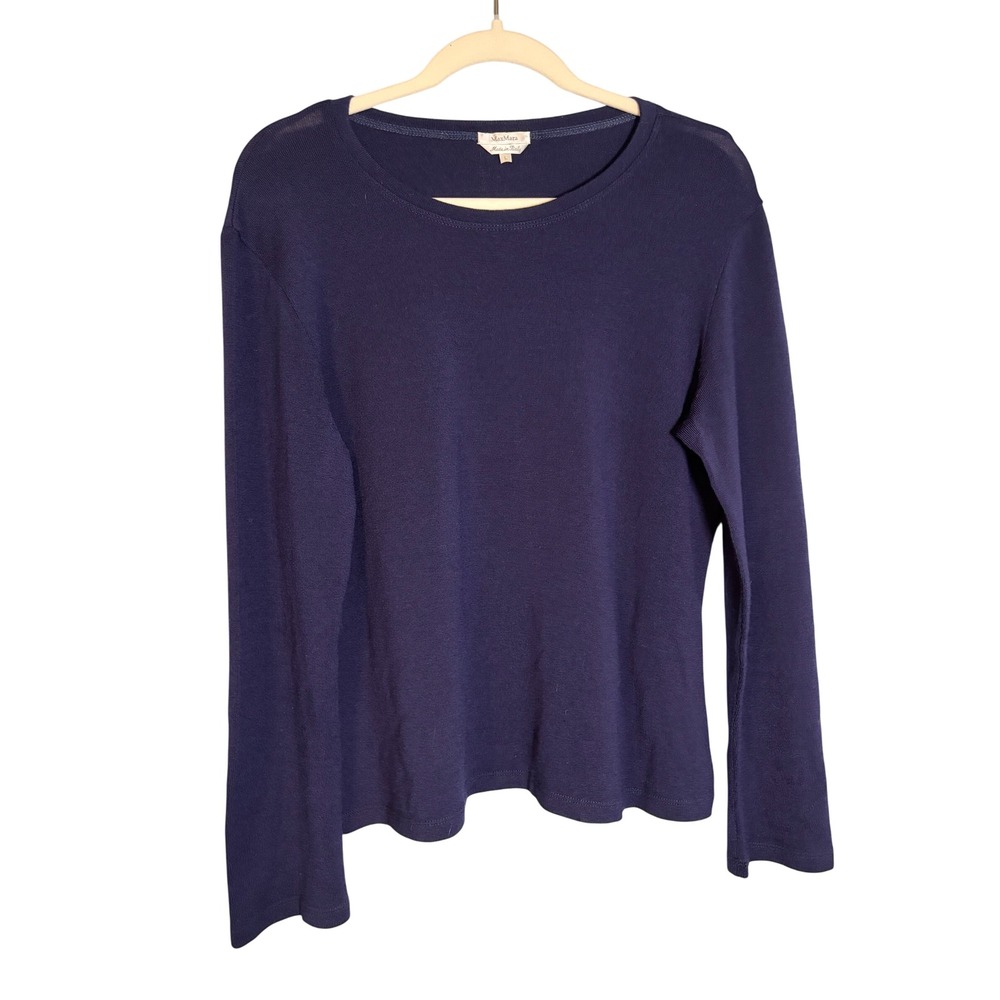 Max Mara Navy Blue Virgin Wool Blend Long Sleeve Knit Sweater Size Large